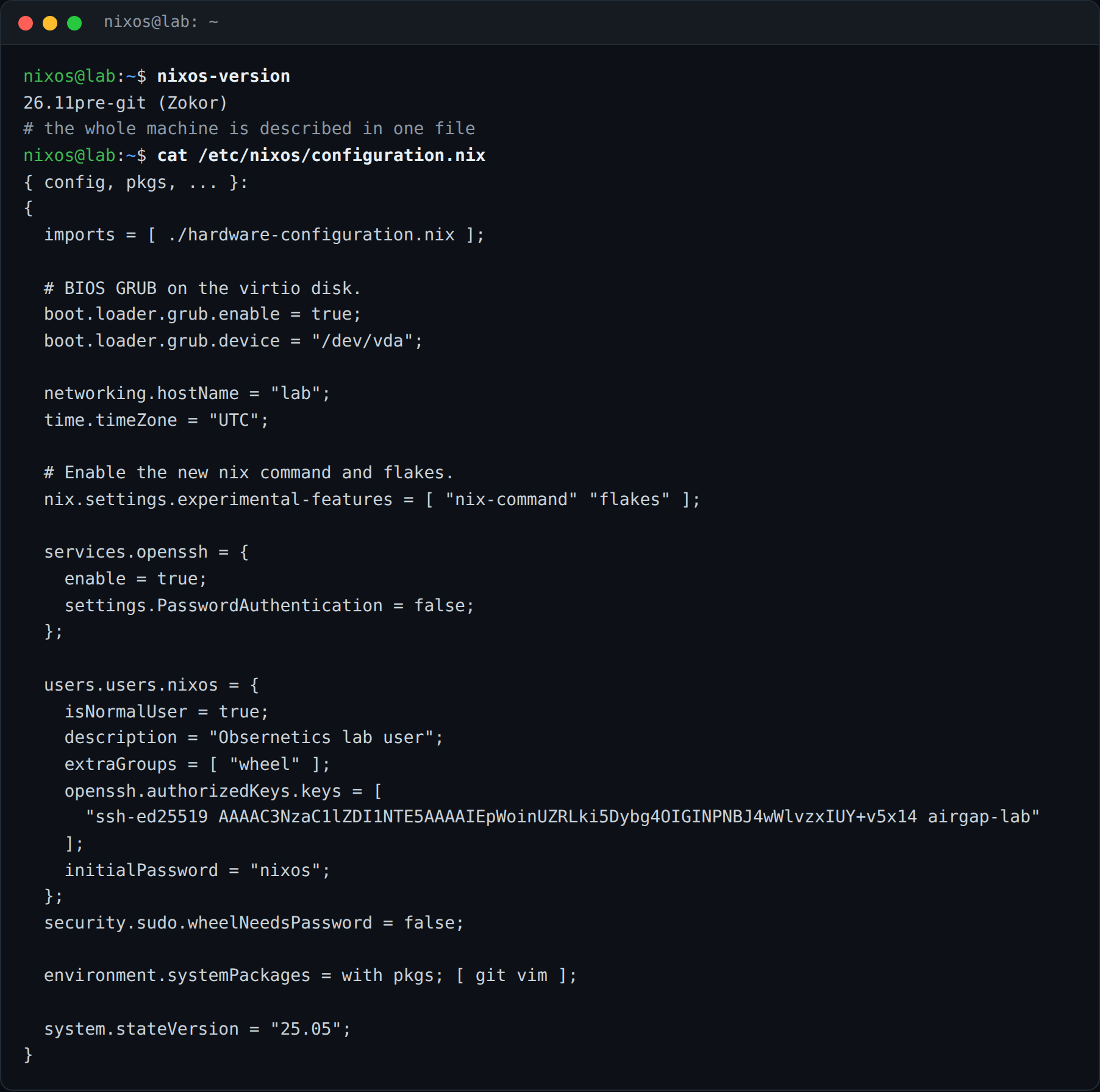 نسخه‌ی NixOS و فایل configuration.nix که کل سیستم را اعلانی توصیف می‌کند