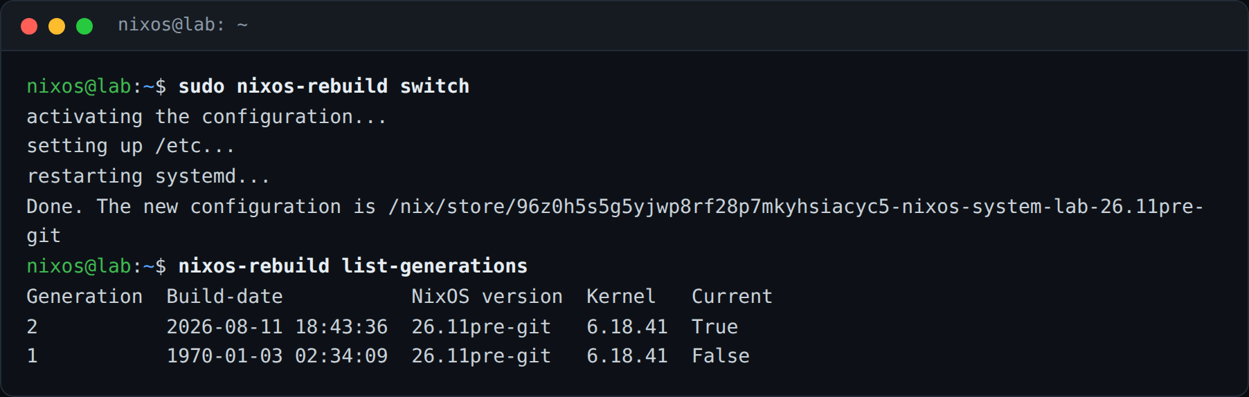 اجرای nixos-rebuild switch و فهرست نسل‌های سیستم