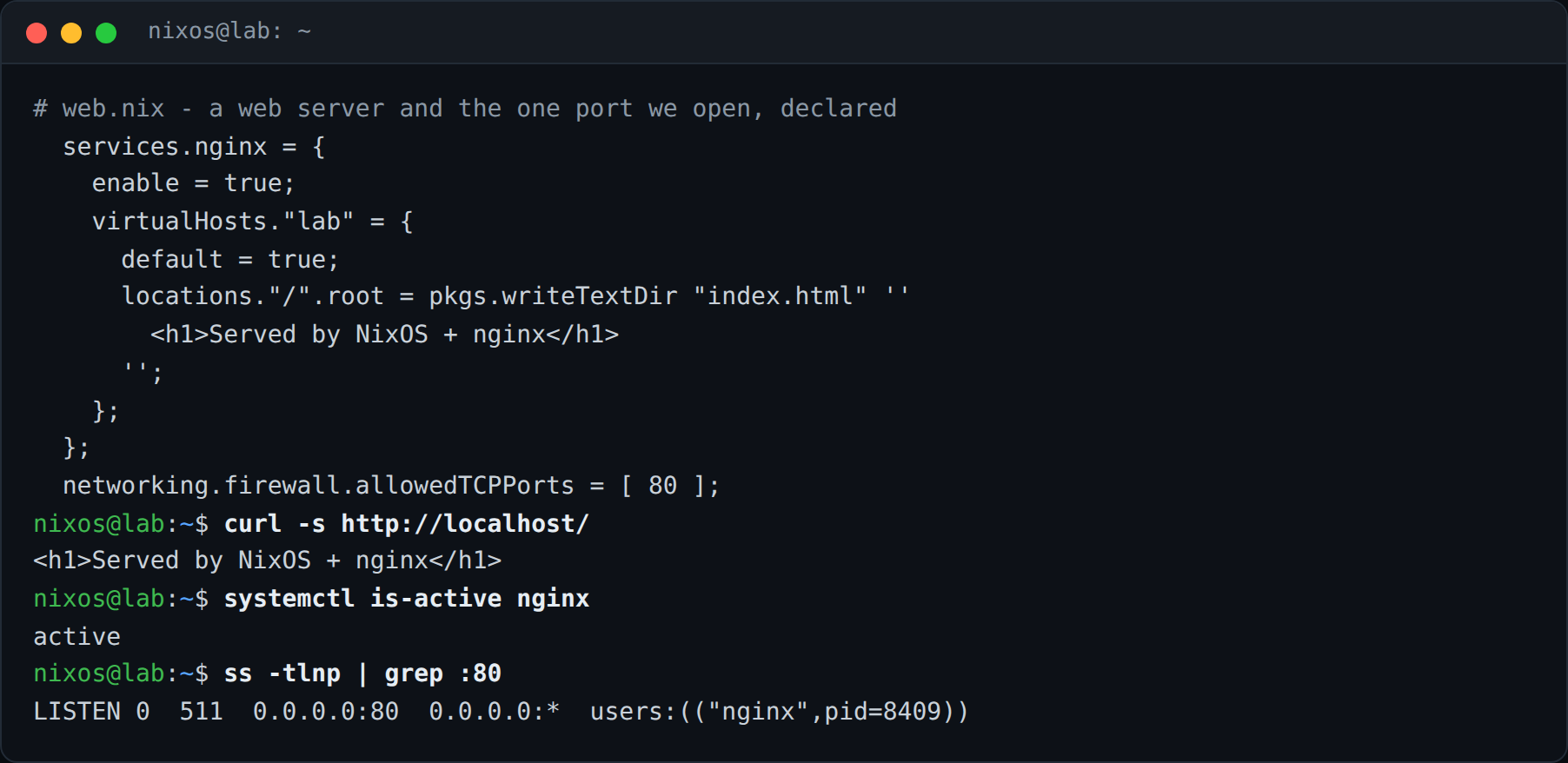 پیکربندی nginx و فایروال در NixOS و آزمایش سرویس با curl