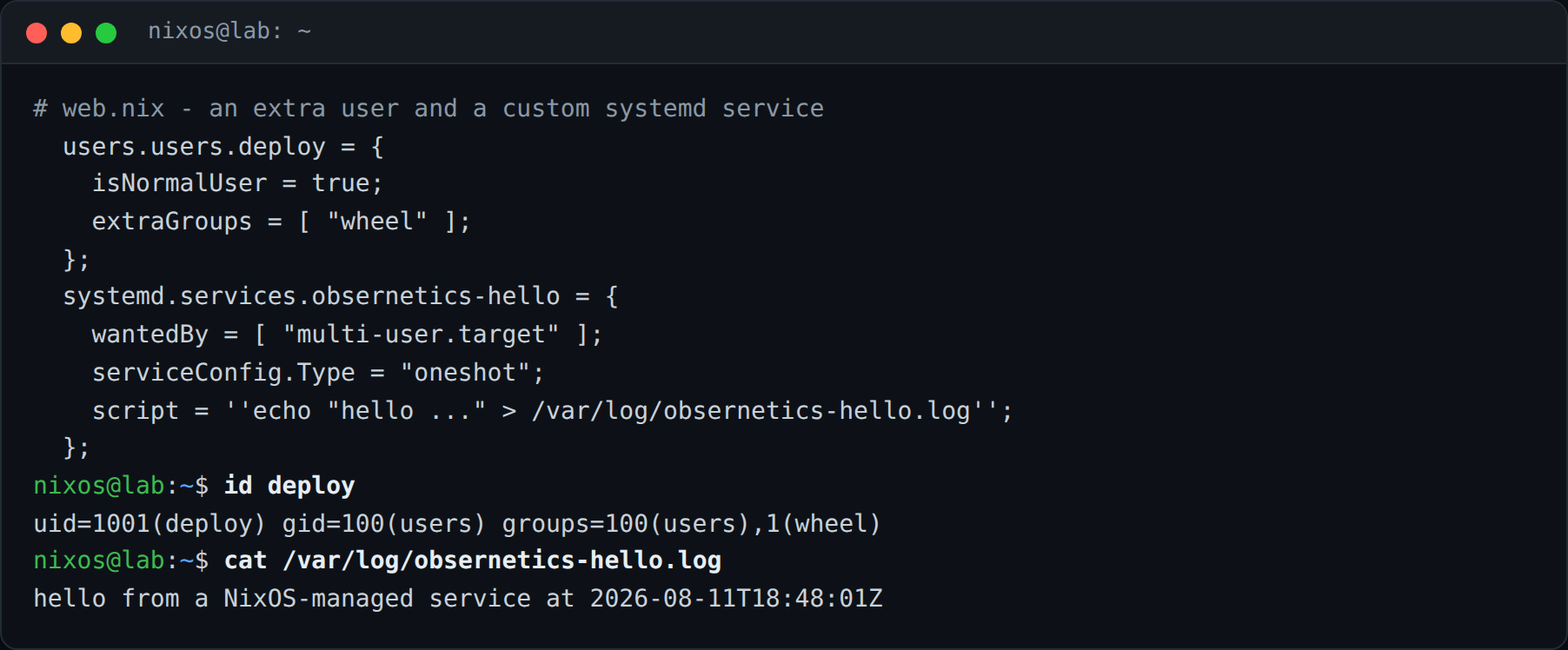 تعریف کاربر deploy و یک سرویس systemd سفارشی در NixOS