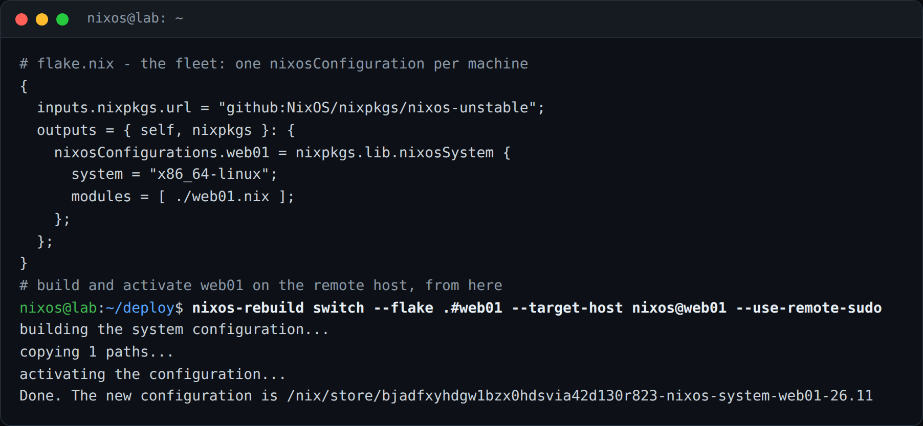 یک flake ناوگان و استقرار از راه دور با nixos-rebuild --target-host