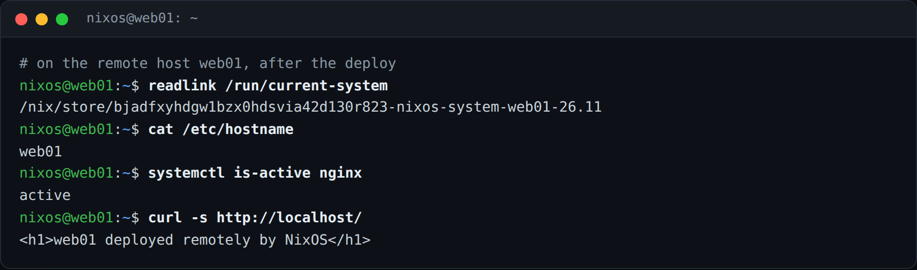 بررسی روی ماشین مقصد؛ نسل web01، نام میزبان و nginx فعال