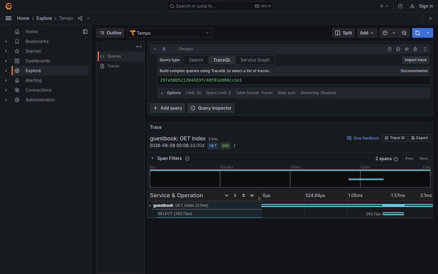 نمای آبشاری یک trace در Grafana با span درخواست و پرس‌وجوی پایگاه‌داده