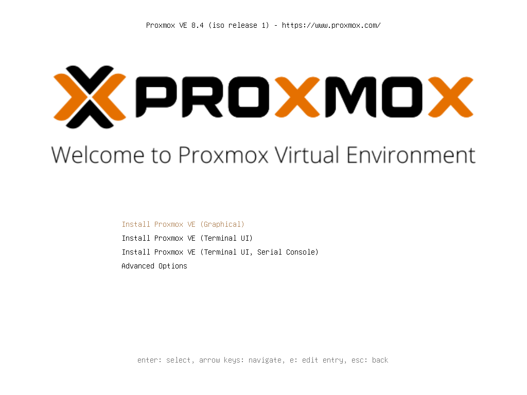 منوی بوت نصب‌کننده‌ی Proxmox