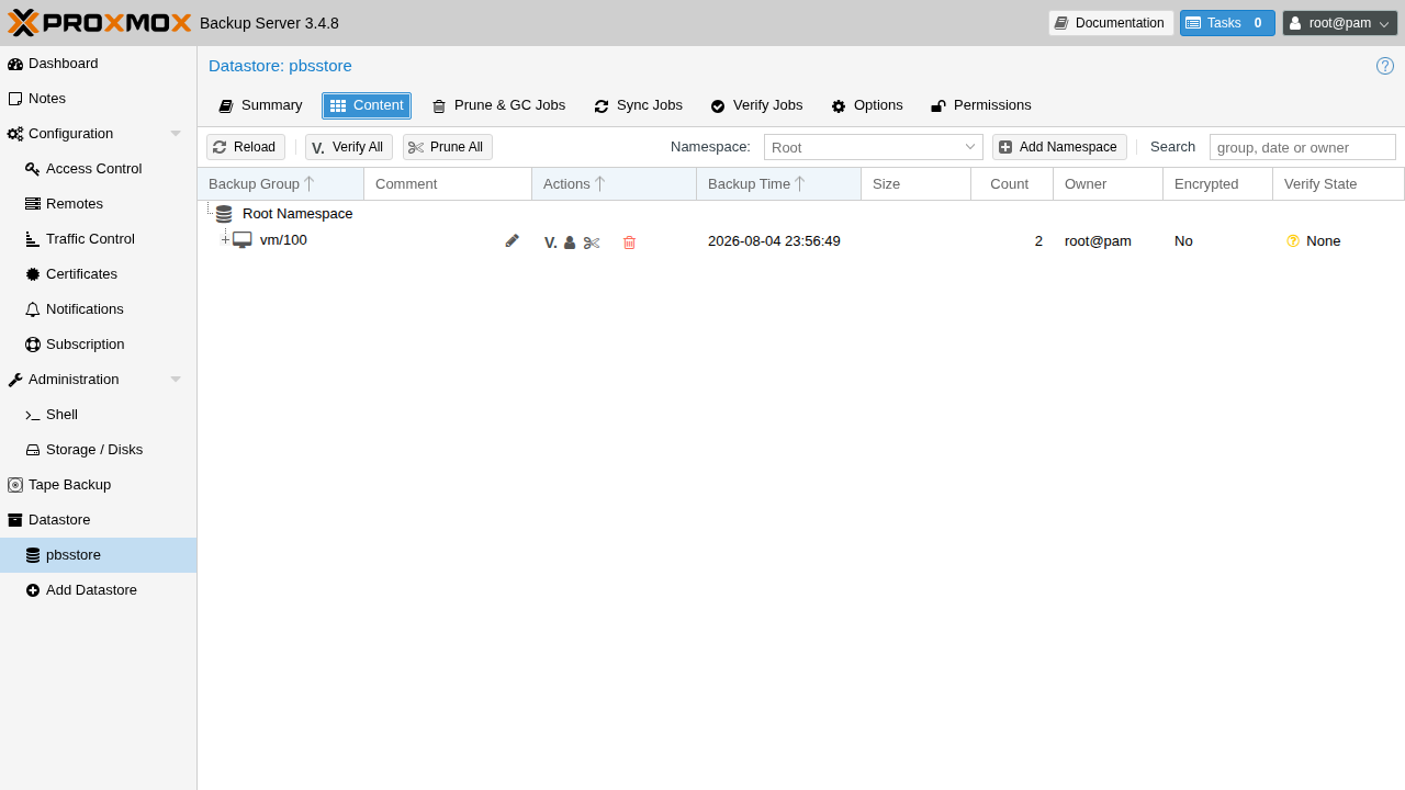 محتوای datastore در پنل PBS با دو نسخه‌ی پشتیبان